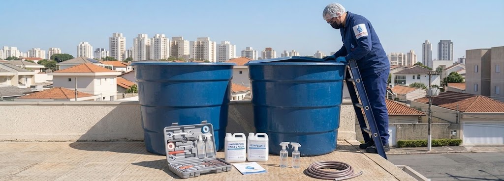 Profissional realizando Imunização e Desinfecção Bacteriológica de Caixas D'água em Balneário Barra do Sul